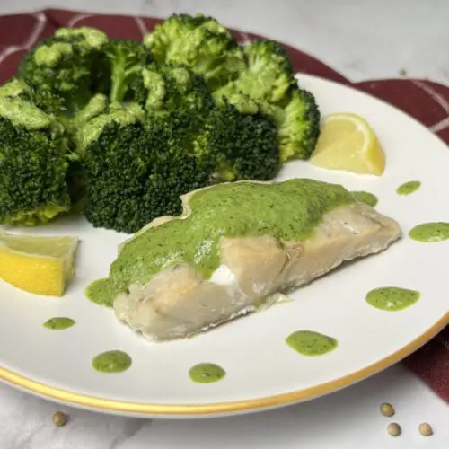Baked Halibut with Green Harissa Dressing - MealMaps