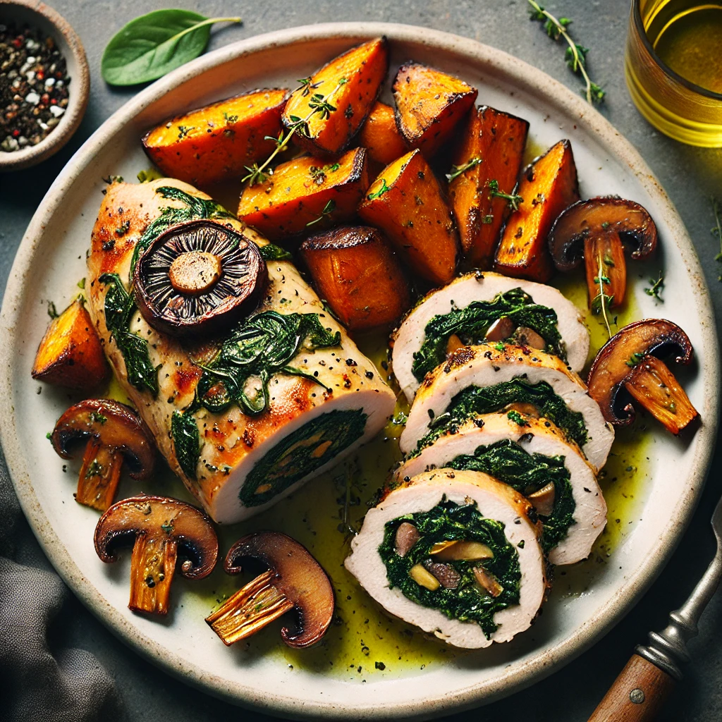 Spinach and Mushroom Stuffed Chicken with Roasted Sweet Potatoes - MealMaps