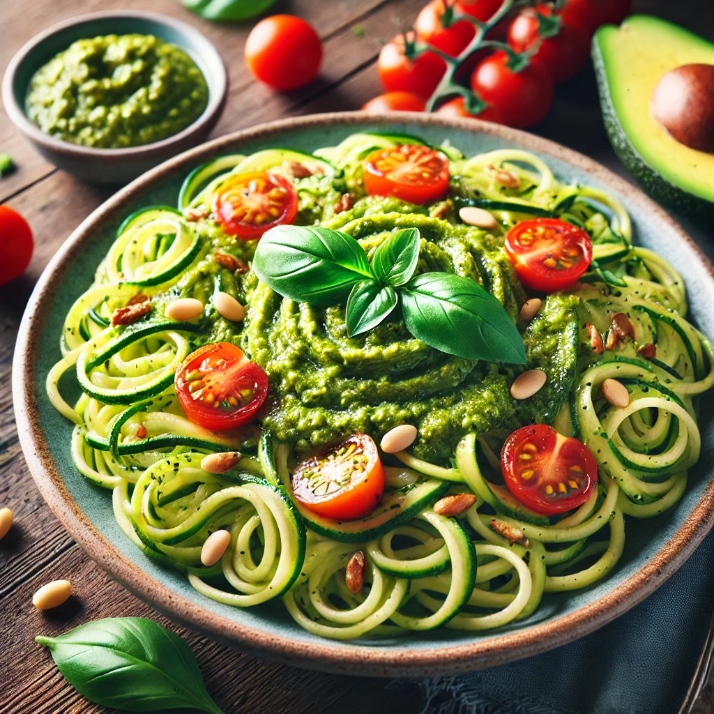 Zucchini Noodles with Avocado Pesto and Cherry Tomatoes - MealMaps